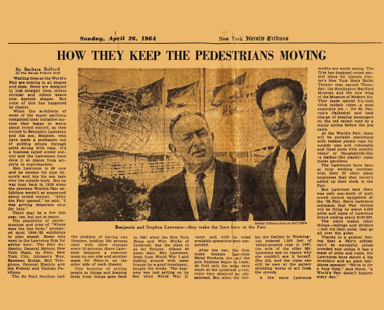 Newspaper clipping from the New York Herald Tribune from 4/26/1964 at the New York World's Fair about Lawrence Metal Newspaper clipping from the New York Herald Tribune from 4/26/1964 at the New York World's Fair about Lawrence Metal